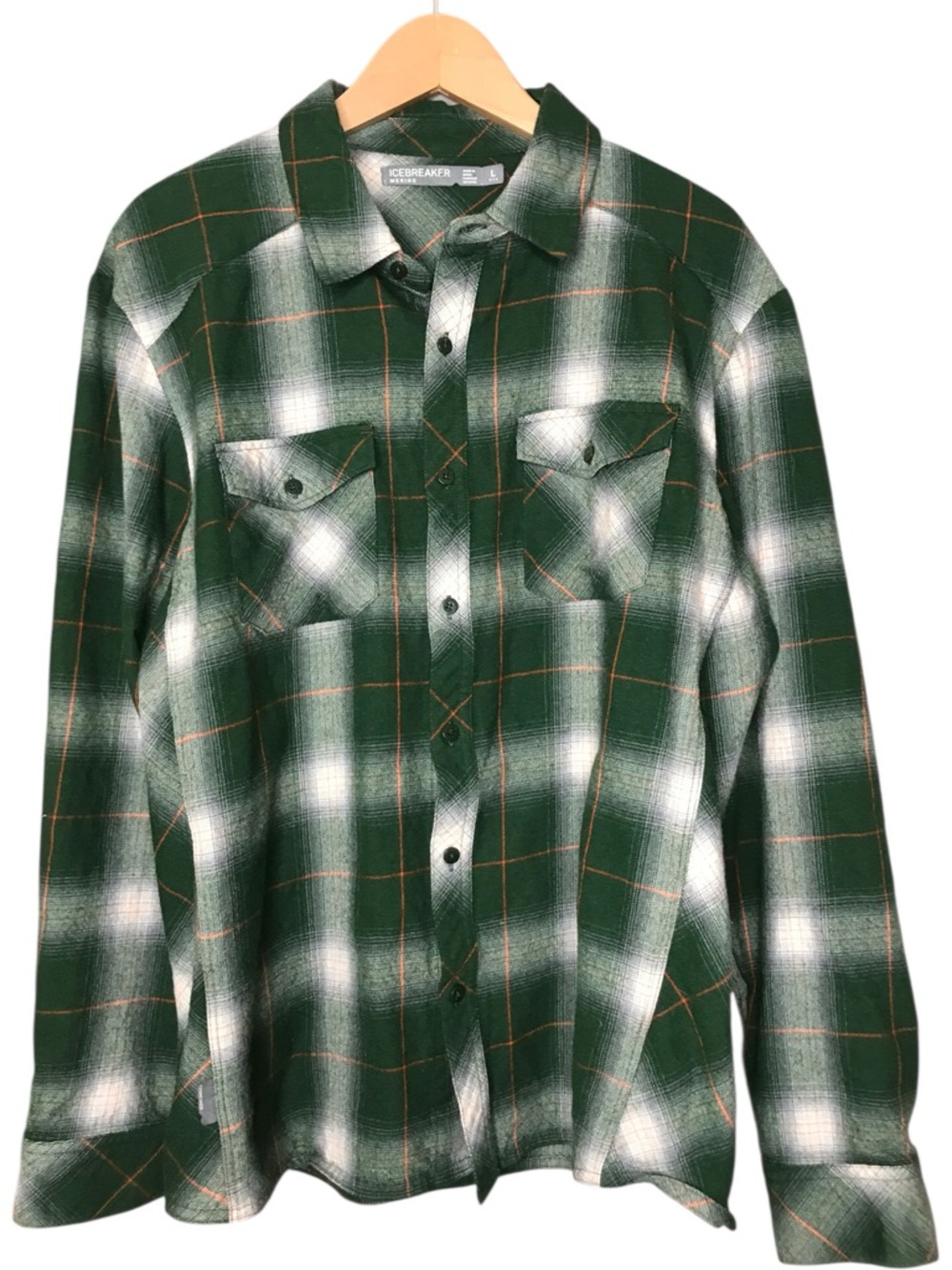 Icebreaker Lodge Merino Wool Green Orange Plaid Flannel Shirt Jacket Men's Large